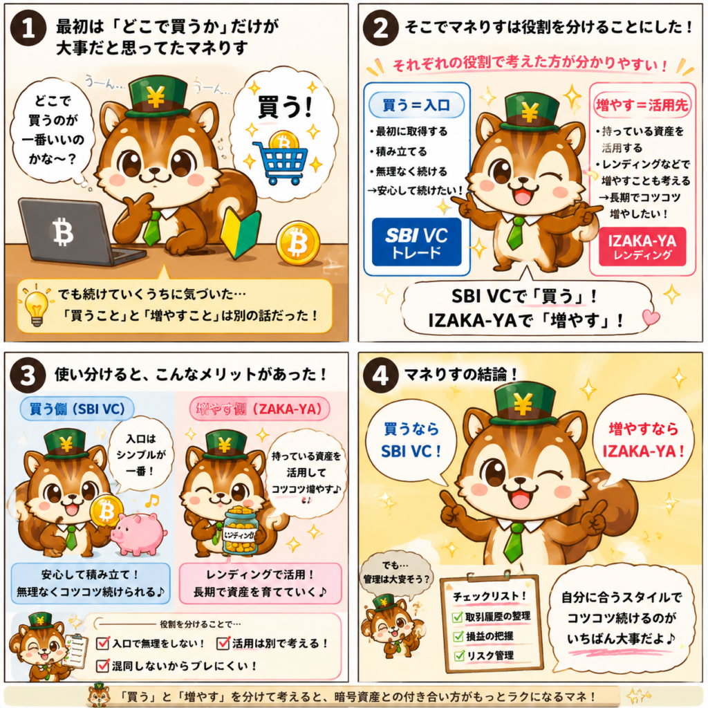 暗号資産を続ける中で、「買う場所」と「増やす場所」は同じでなくてもいいと感じるようになりました。私がSBI VCとIZAKA-YAをどう使い分けているのか、実体験ベースで整理します。